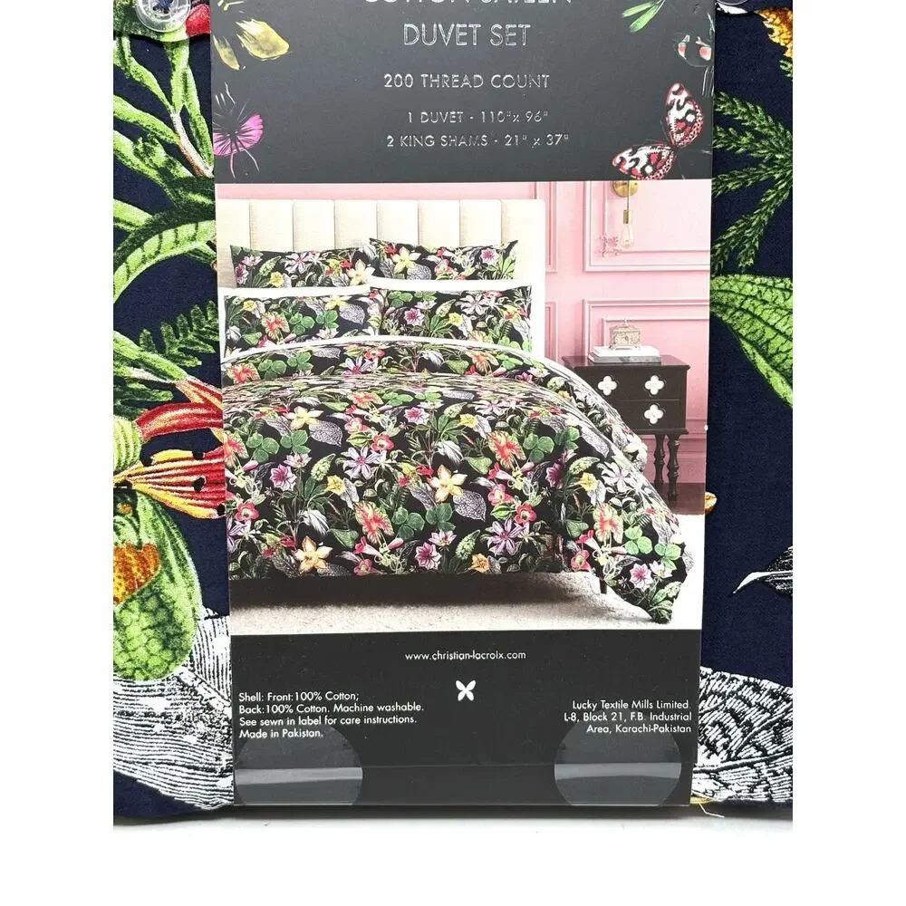 Christian Lacroix King Duvet Cover Set Cotton Tropical Floral Navy Blue NWT